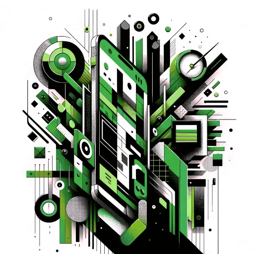 Abstract digital collage art of a smartphone bursting with various geometric shapes, lines, and textures in a monochrome green, black, and white color scheme.