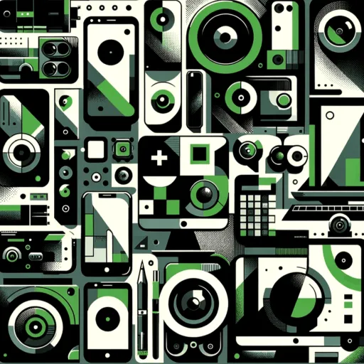 Stylized illustration of various electronic gadgets and components such as smartphones, cameras, speakers, USB cables, and keyboards arranged in a grid-like pattern, with a cohesive green, black, and white color palette.