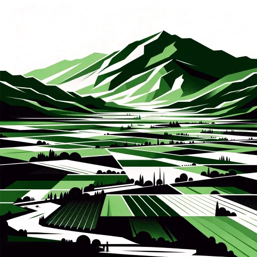 Graphic illustration of a stylized landscape depicting layered mountains in the background with various shades of green and white, and a patterned valley with fields, trees, and agricultural land in the foreground, rendered in a modern, geometric style using a limited green, black, and white color palette.